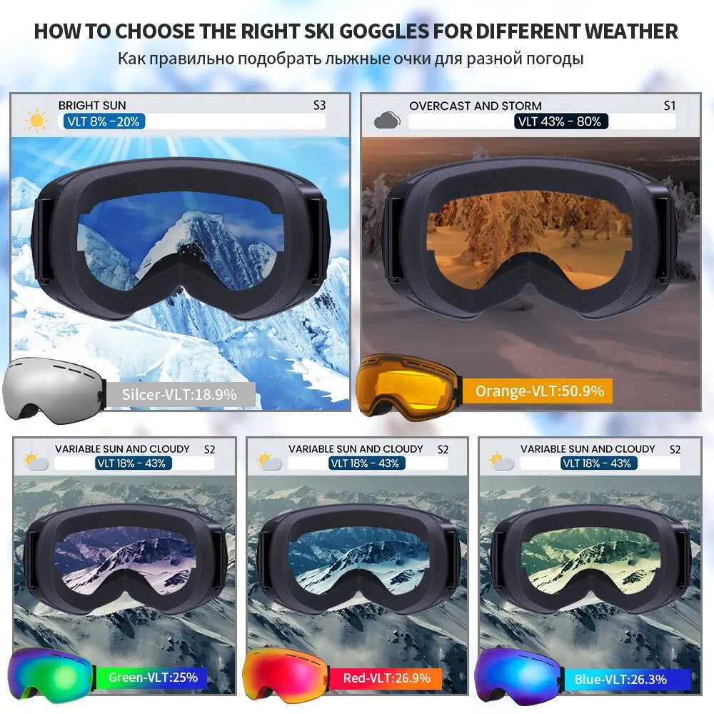 Ski Goggles Double Layers Anti-Fog UV400 Snowboard Snow Goggles Snowmobile Glasses Eyewear Outdoor Sport Skiing Googles