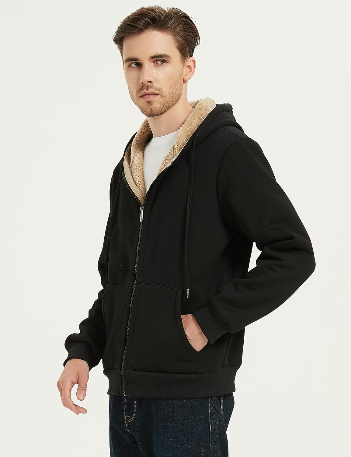 Men'S Sherpa Hoodie Jacket Fleece Lined Zip up Warm Hoodies Sweatshirt Winter Zipper Sweater Hooded Coat