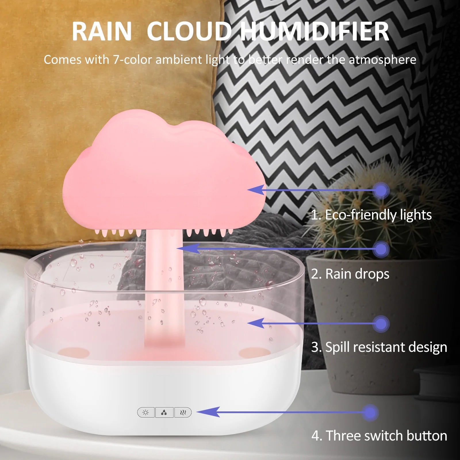 Rain Cloud Humidifier Water Drip,Mushroom Diffuser,Cloud Humidifier Rain Drop,Rain Cloud Diffuser with 7 Light Colours,Waterfall Lamp Humidifier Rain Sounds for Relax Sleeping,200Ml