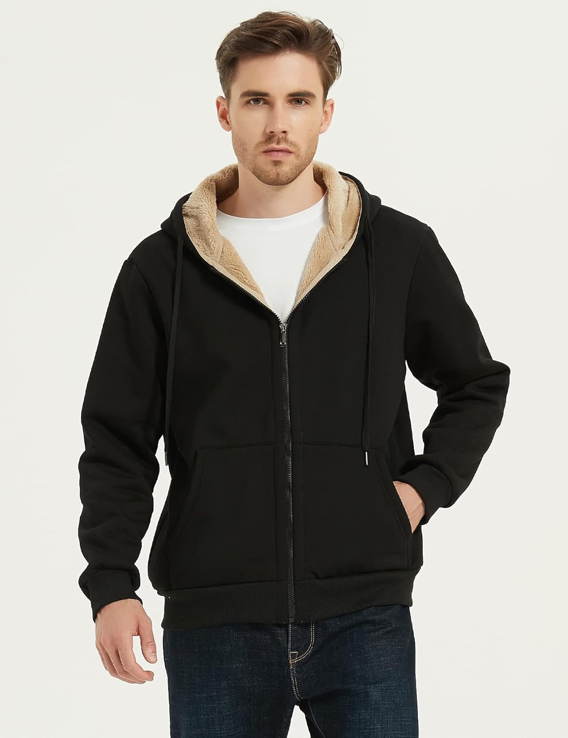 Men'S Sherpa Hoodie Jacket Fleece Lined Zip up Warm Hoodies Sweatshirt Winter Zipper Sweater Hooded Coat